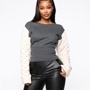 Zara sweater knit sleeve sweatshirt gray cream fleece Blouson Top size small